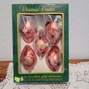 Vintage Christmas Classics Glass Ornaments Set of 5 Red Hand Decorated Romania